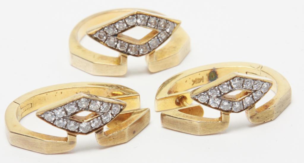 14K GOLD AND DIAMOND HOOP EARRINGS AND RING.: American, late 20th century. Pair of 14K yellow gold hoop earrings (approx. 1"l), small cut out design at front with diamond shaped design embellished with round diamonds. Together with ring of same d
