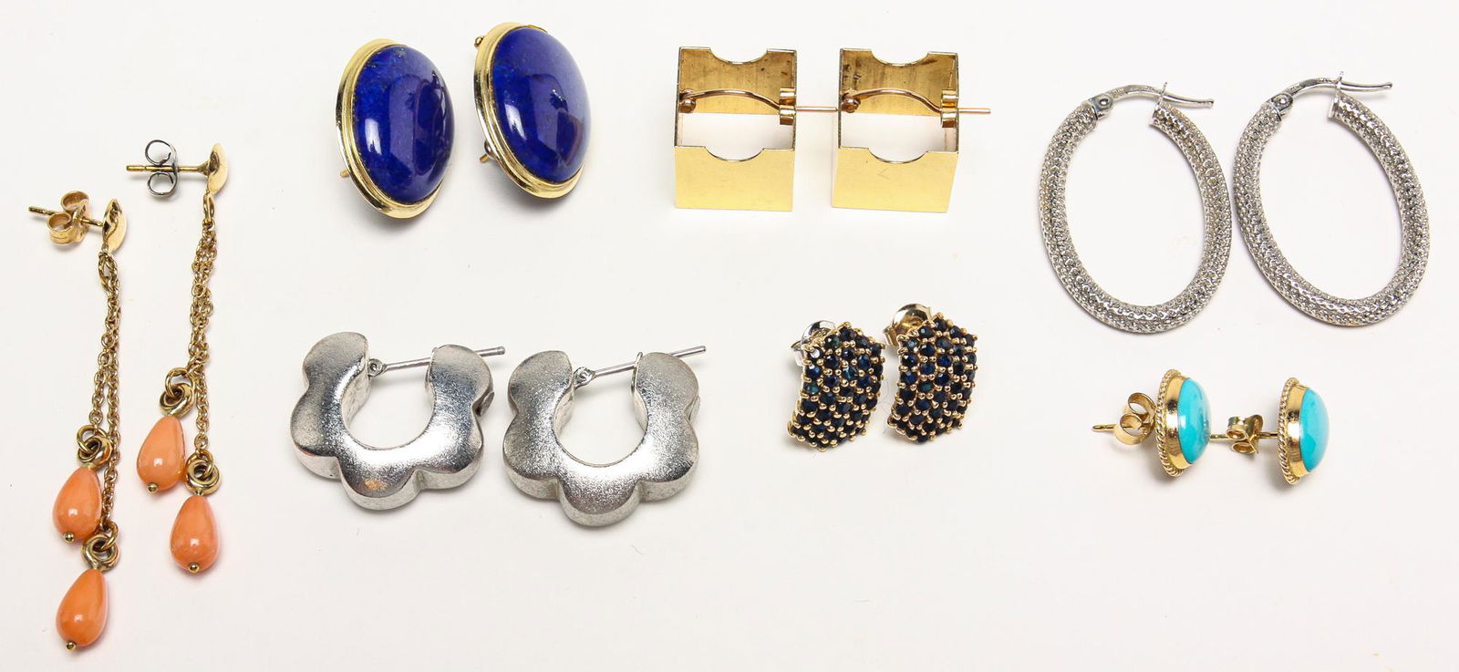 SEVEN PAIRS GOLD EARRINGS - SOME WITH GEMS. (1 of 11)