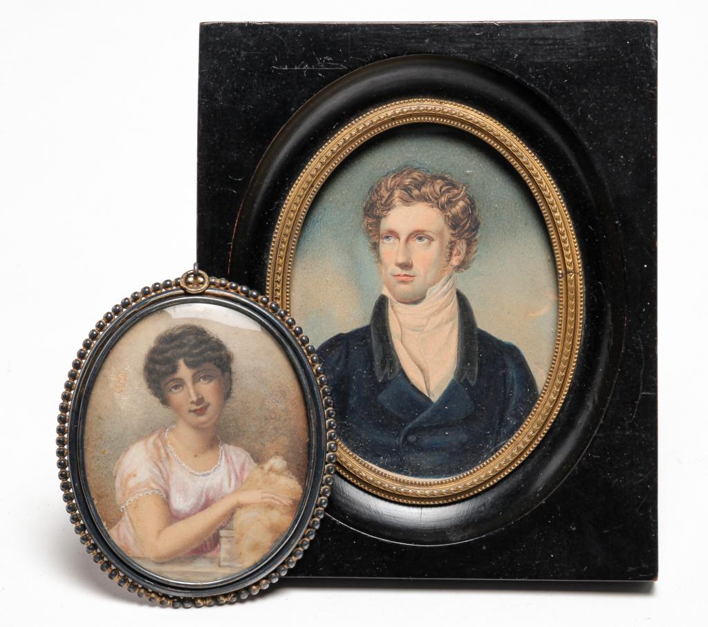 TWO MINIATURE PORTRAITS OF MAN AND WOMAN. (1 of 4)