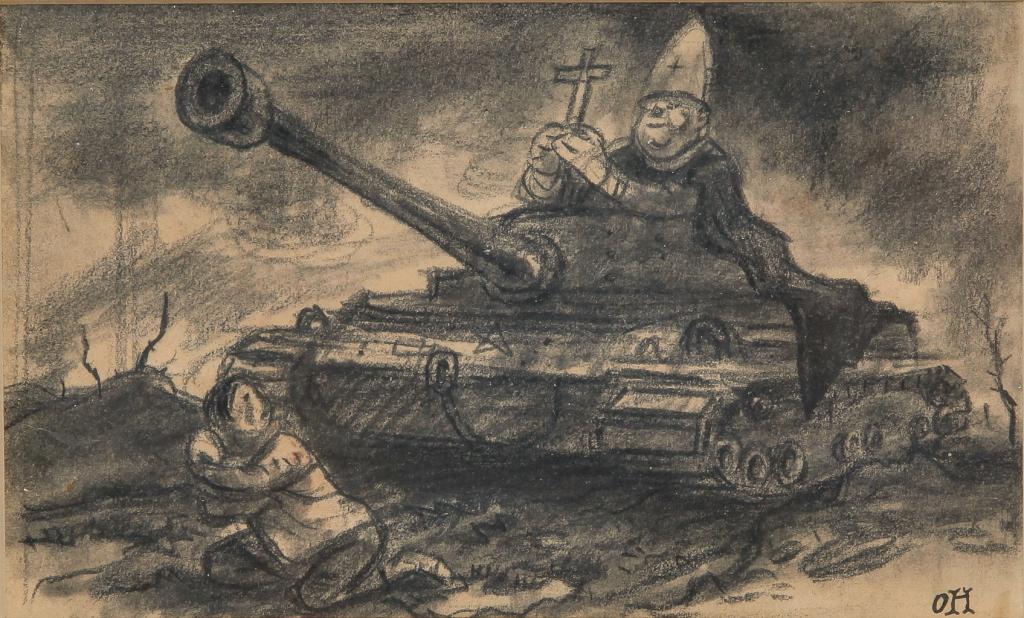 POLITICAL CARTOON BY "OLLIE" WENDELL HARRINGTON.: American 1912-1995. Graphite on paper, initialed "OH" bottom right. Bishop wearing robes and mitre, and carrying a cross in a tank. Framed, 8.5"h. 11.25"w. overall.Harrington was an American cartoonis