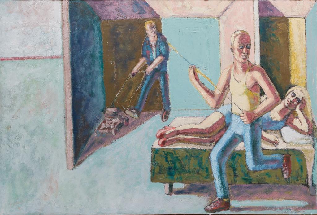 "THE DANCING MAN" BY MICHAEL FORNADLEY.: Ohio, 2nd half 20th century. Oil on waxed board, signed and dated (19)98 lower left. Interior with people, one with a lawnmower. Framed, 19"h. 26.5"w.