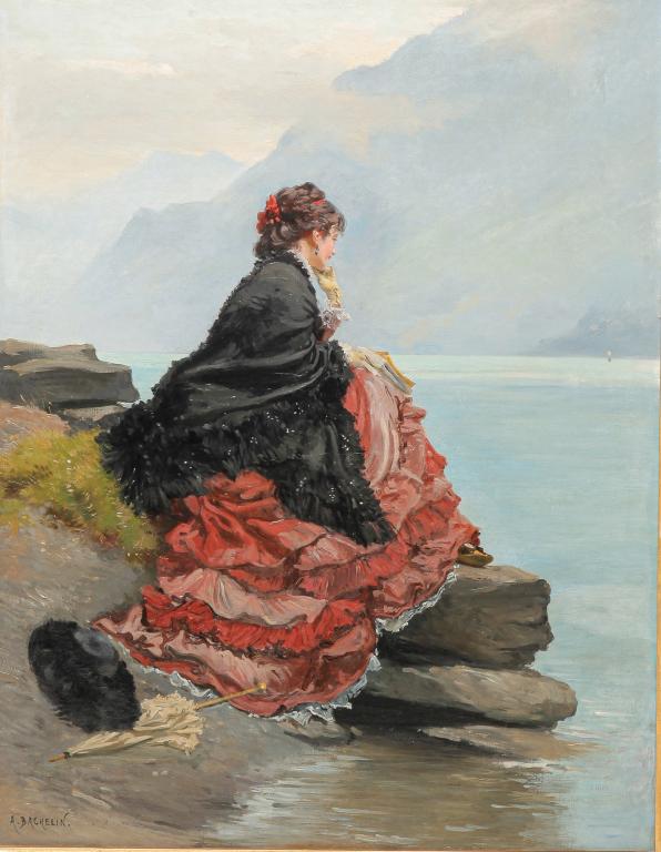 WOMAN SEATED AT A LAKE BY AUGUSTE BACHELIN. (1 of 4)