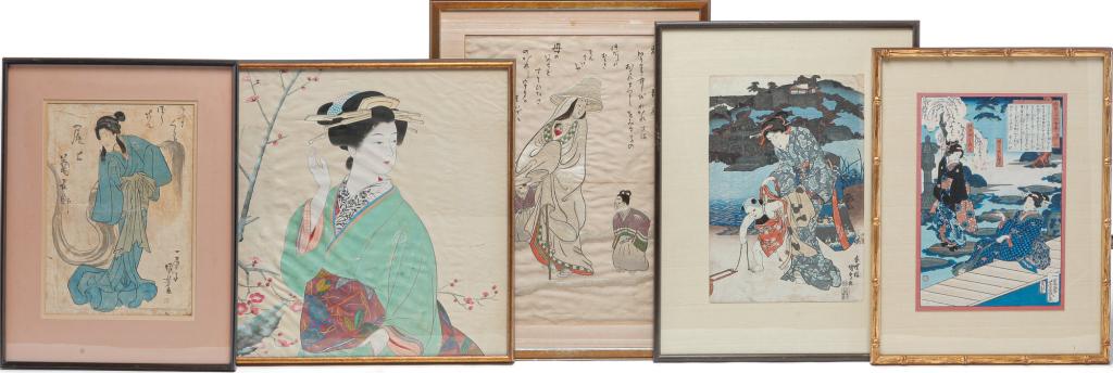 FIVE JAPANESE PRINTS AND NEEDLEWORK. (1 of 6)
