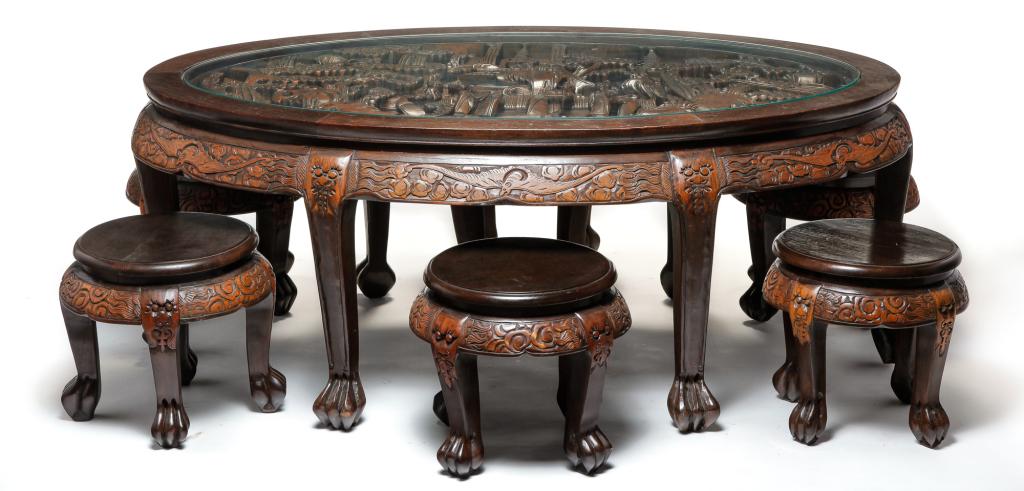 CHINESE CARVED TABLE AND SIX STOOLS. (1 of 4)