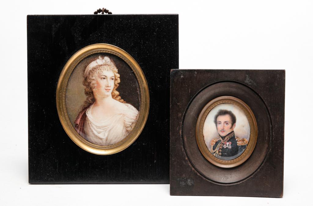 TWO MINIATURE PORTRAITS OF AN OFFICER AND A WOMAN.: European, 19th century. Blonde haired woman dressed in white. Some staining or residue on edge. Ex Rita Bucheit (Chicago). 6"h. 5.25"w. And a military officer in uniform identified on back "Colonel d'