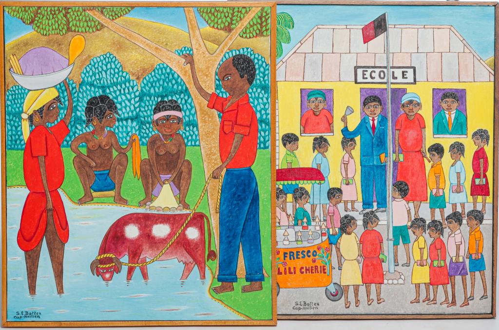 TWO PAINTINGS BY SEYMOUR ETIENNE BOTTEX.: Haiti, 1922-2016. Oils, signed. Canvas of watering hole and artist board of school yard. Matching frames, 24.75"h. 21"w.