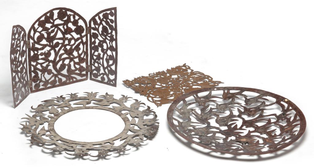 FOUR HAITIAN STEEL CUT OUTS.: Twentieth century, signed. Three by Almann Uylsee. Round with tulips, 24"d., screen. 16.5"h. 24"w. and grape vine, 16.5"h. 11.5"d. And round with birds by Murat Brierre. 24"d.