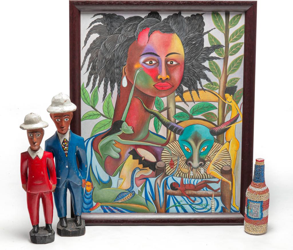 FOUR PIECES INCLUDING HAITIAN PORTRAIT PAINTING. (1 of 7)