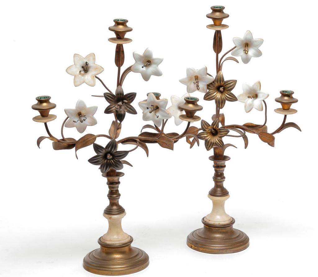 PAIR OF BRASS FLORAL CANDELABRA.: Probably American, early 20th century. Stamped brass leaves with opalescent glass flowers. Weighted white marble bases. 20"h.