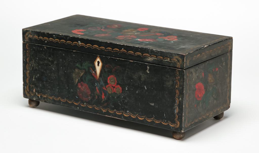 AMERICAN VICTORIAN DECORATED TEA CADDY.: Third quarter 19th century. Black background, gold stenciled border, inlaid bone escutcheon and multicolored floral decoration with birds. Three well interior for two tea jars and center mixing bowl i