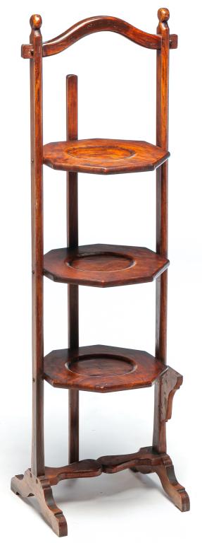 ENGLISH PLATE HOLDER.: Late 19th century, yew. Folding rack with three plate shaped shelves. Refinished. 46"h. holds 11"d. plates. Ex Gates Antiques (Virginia).