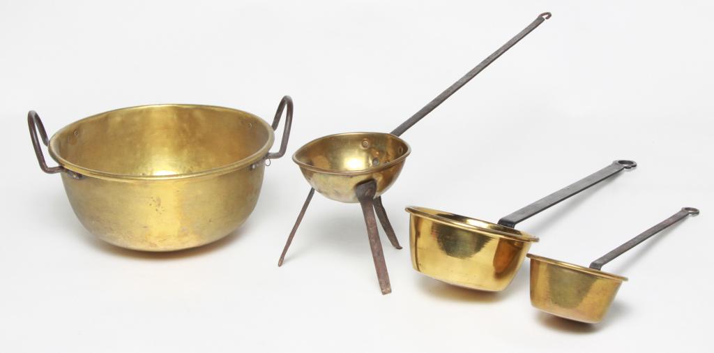 FOUR BRASS UTENSILS AND PAN. (1 of 3)