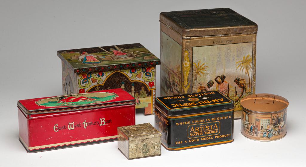 SIX ADVERTISING TINS. (1 of 5)