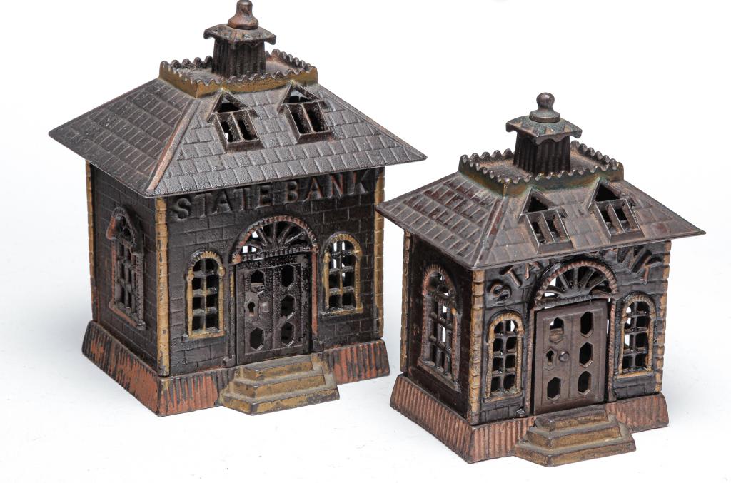 TWO AMERICAN CAST IRON "STATE BANK" BANKS. (1 of 3)