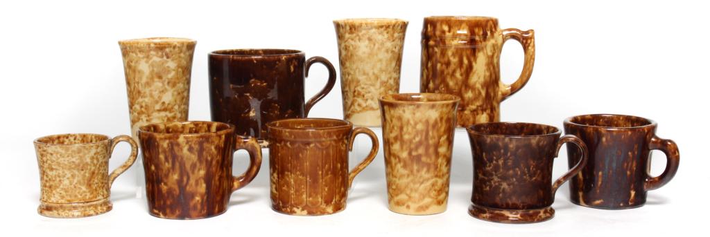 TEN YELLOW WARE DRINKINGS VESSELS. (1 of 3)