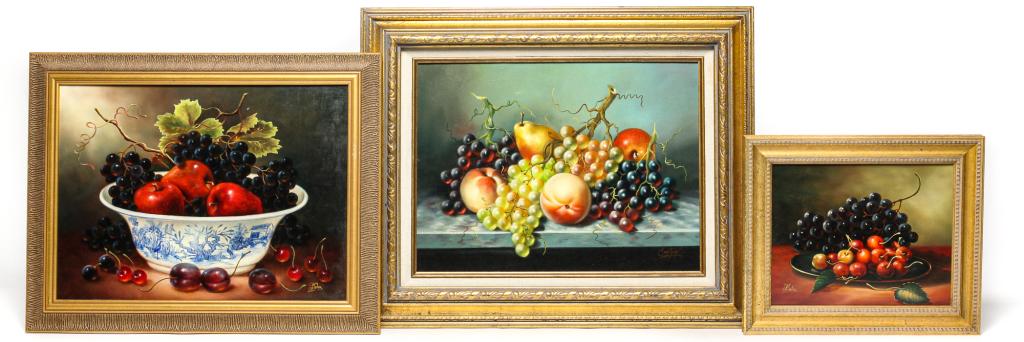 THREE OIL ON CANVAS STILL LIFES. (1 of 8)