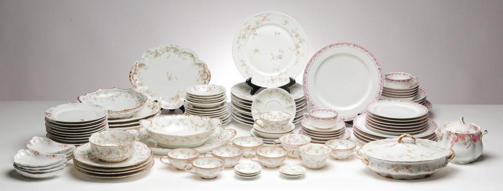 SELECTION OF HAVILAND CHINA.: Ca 1900. Included are: pink and blue carnations, Theodore Haviland pink roses and blue bows," The Princess" and thin gold rim with clustered roses border.
