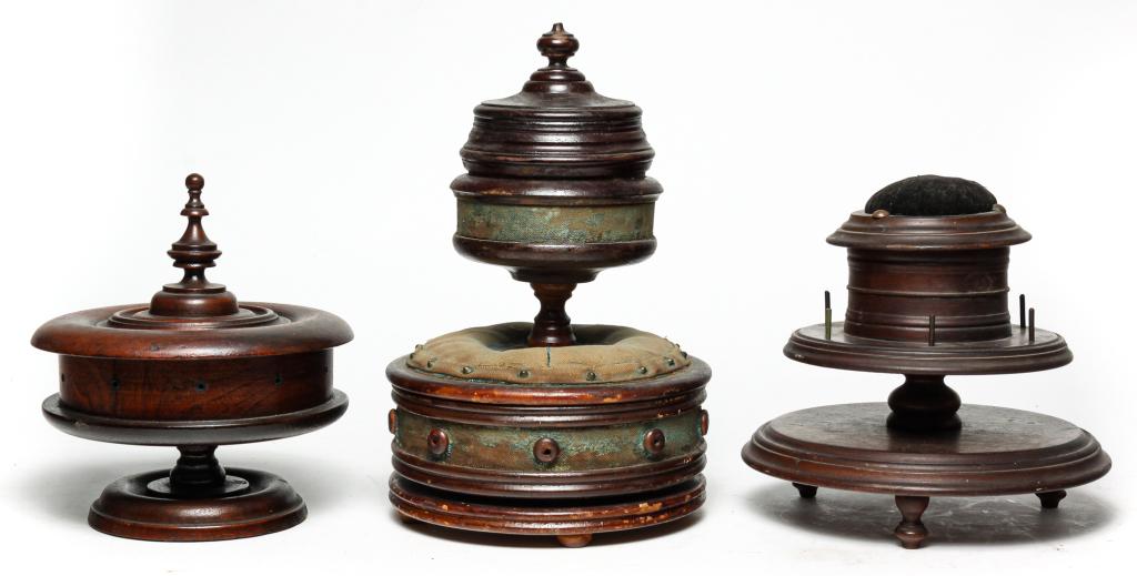 THREE AMERICAN ROUND SEWING CADDIES. (1 of 6)
