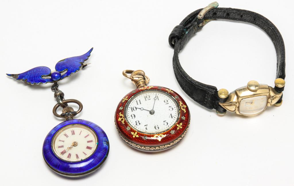 TWO VINTAGE ENAMEL PENDANT WATCHES &  WRISTWATCH. (1 of 7)