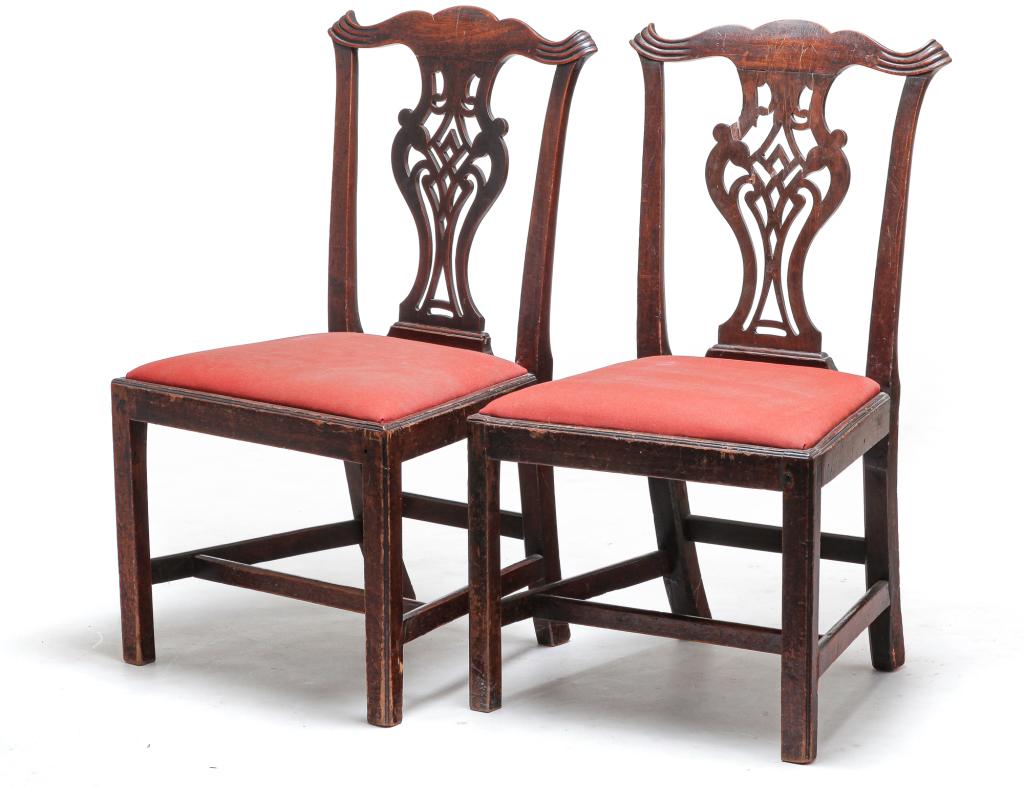 A PAIR OF ENGLISH CHIPPENDALE CHAIRS. (1 of 4)
