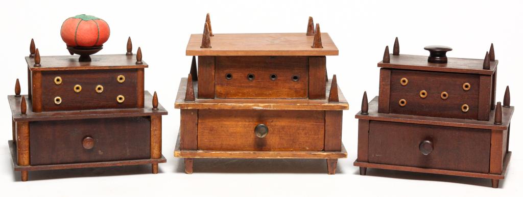 THREE SMIILAR AMERICAN SEWING CADDIES. (1 of 6)