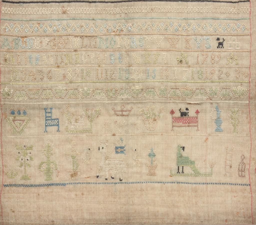 ENGLISH SAMPLER.: Dated 1789. Alphabet, numerals, animals, flowers and pieces of furniture. 12.25"h. 13.5"w.
