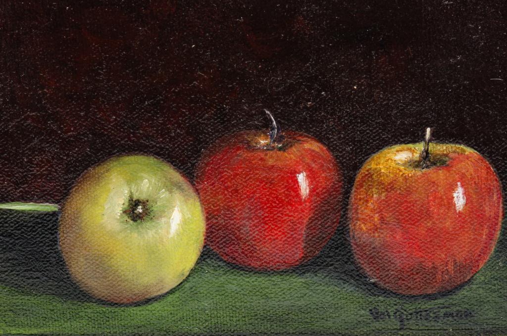 VAL GOTTESMAN OIL ON CANVAS STILL LIFE.: 20th century. Cincinnati, Ohio. Three apples, 5"h. 7"w. Framed, 8.5"h. 10.5"w.
