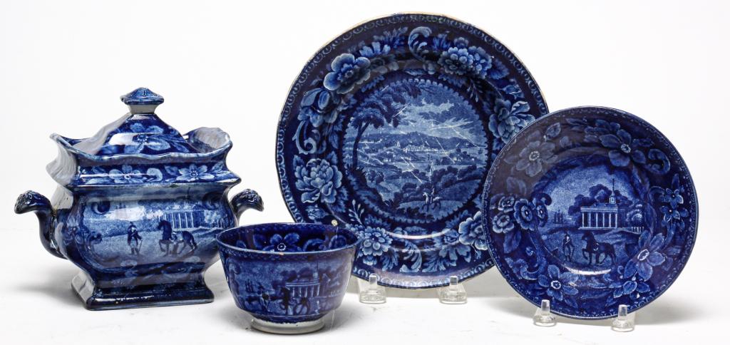 THREE HISTORICAL BLUE AMERICAN SCENES PIECES. (1 of 8)