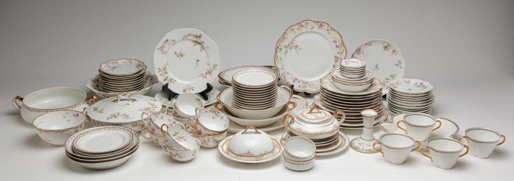 SELECTION OF HAVILAND CHINA.: Ca 1900. included are: pink roses with gold rim, multicolored flowers and green foliage Theodore Haviland Vining roses with black and gold bands "Christmas Poinsettias" variant and blue and red flower