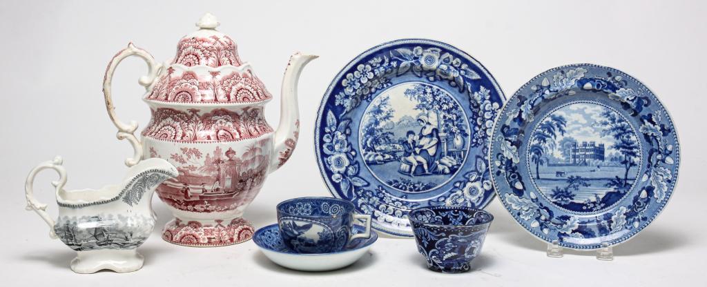 SIX ENGLISH STAFFORDSHIRE PIECES.: Second quarter 19th century. Enoch Wood and Sons "Barlborough, Derbyshire" plate, 8.5"d. Plate with mother and son, 9.75"d. Cup and saucer with waterfowl, chips. Handless cup with flowers. Creamer wit
