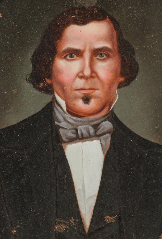 AMERICAN PORTRAIT OF PETER COUGHLIN.: Mid 19th century. Oils over photographic print. Peter Coughlin live in Covington, Kentucky. 17"h. 14"w. Framed, 23"h. 20"w.