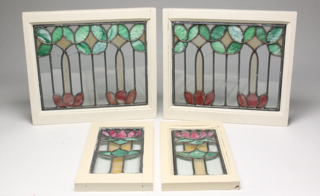 FOUR ENGLISH LEADED COLORED GLASS PANELS. (1 of 4)