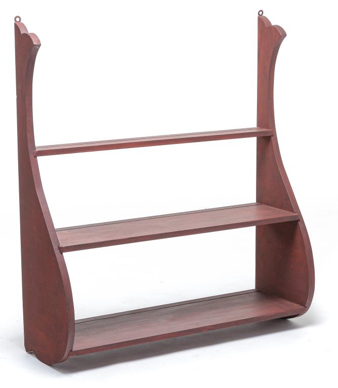 AMERICAN CONTEMPORARY WHALE END SHELVES.: Late 20th century, pine. Shaped ends, three shelves with plate groove and red wash finish. 35.5"h. 28.25"w. 10.5"d.