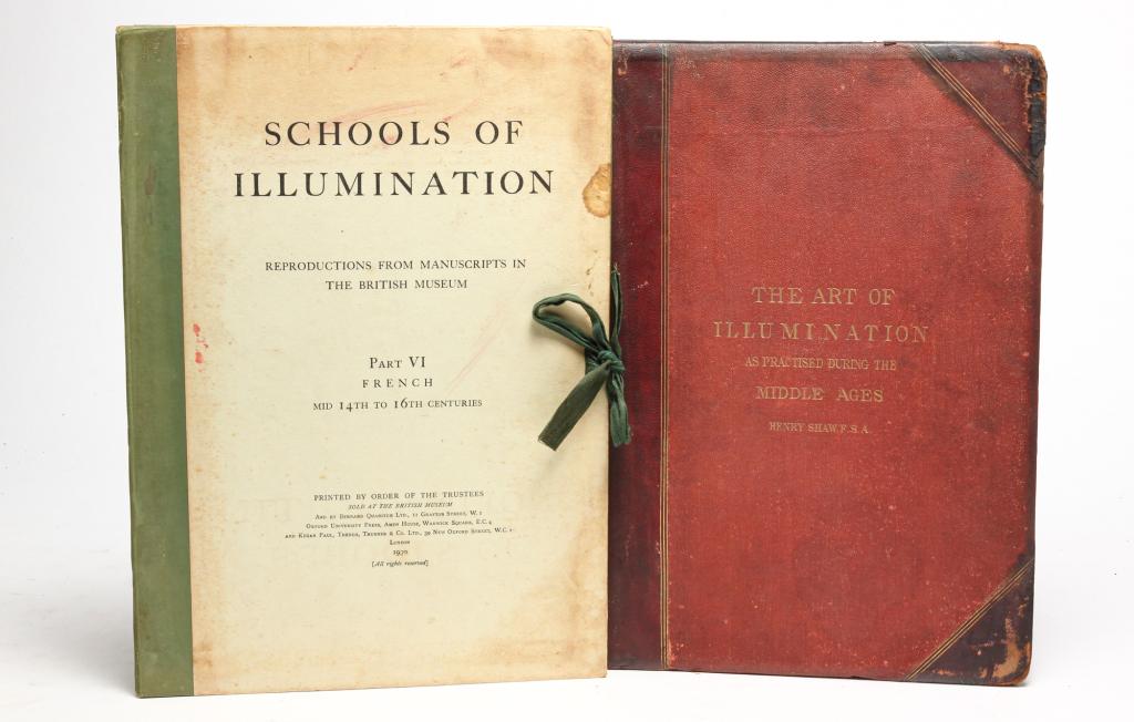 ILLUMINATED MANUSCRIPTS INCLUDING SHAW.: "The Art of Illumination...Middle Ages" by Henry Shaw. Published in London, Bell and Daldy, 1866. Facsimile examples with commentary. Edge toning, foxing and leather binding has wear, both covers loos