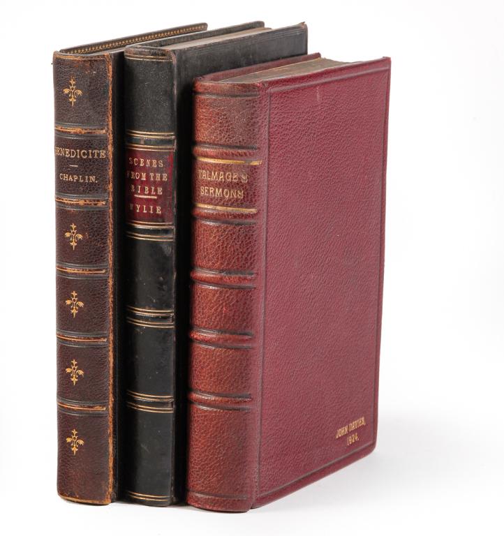 THREE LEATHER BOUND BOOKS ON RELIGION. (1 of 5)