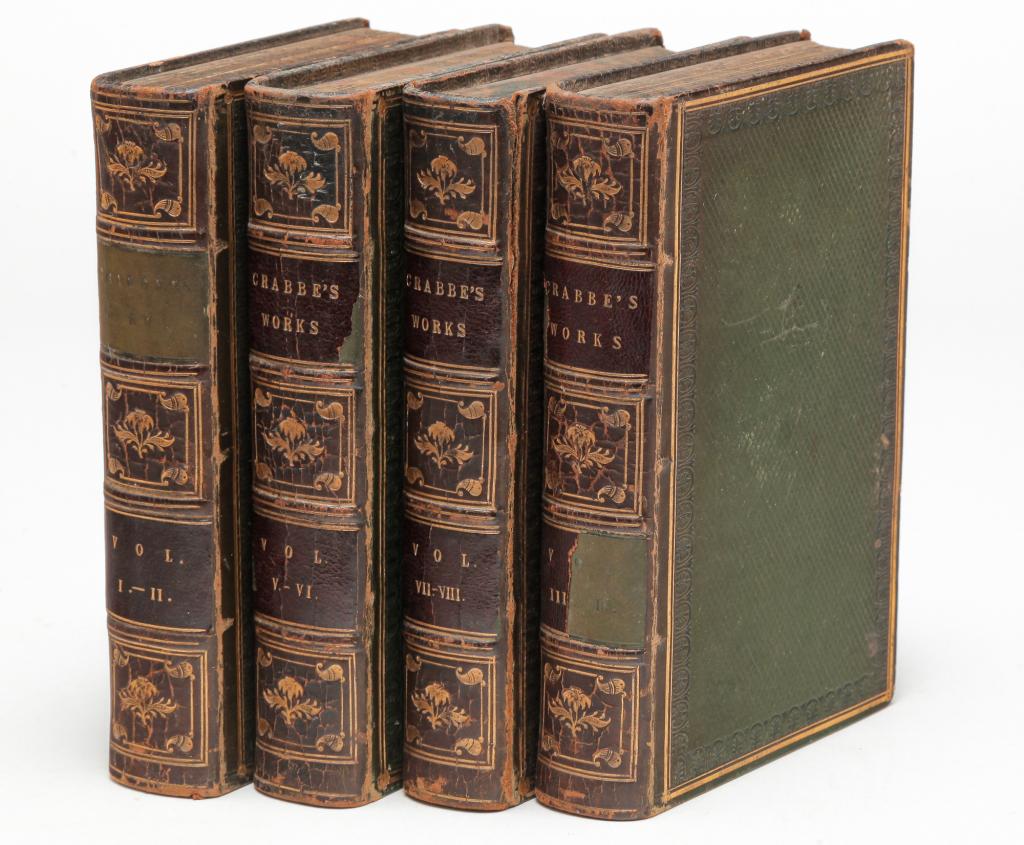 1823 WORKS OF REV. GEORGE CRABBE IN EIGHT VOLUMES.: The Works of The Rev. George Crabbe. Eight volumes published by John Murray in London, 1823. Green decorated boards with marbleized page ends and gilt wording and decorated spines. Some foxing.