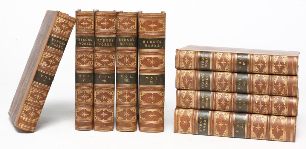 1866 THE POETICAL WORKS OF LORD BYRON.: The Poetical Works of Lord Byron, in ten volumes. Missing volume 1. Published by John Murray in London, 1866. Marbleized boards with black spine labels and gilt wording and decorations.