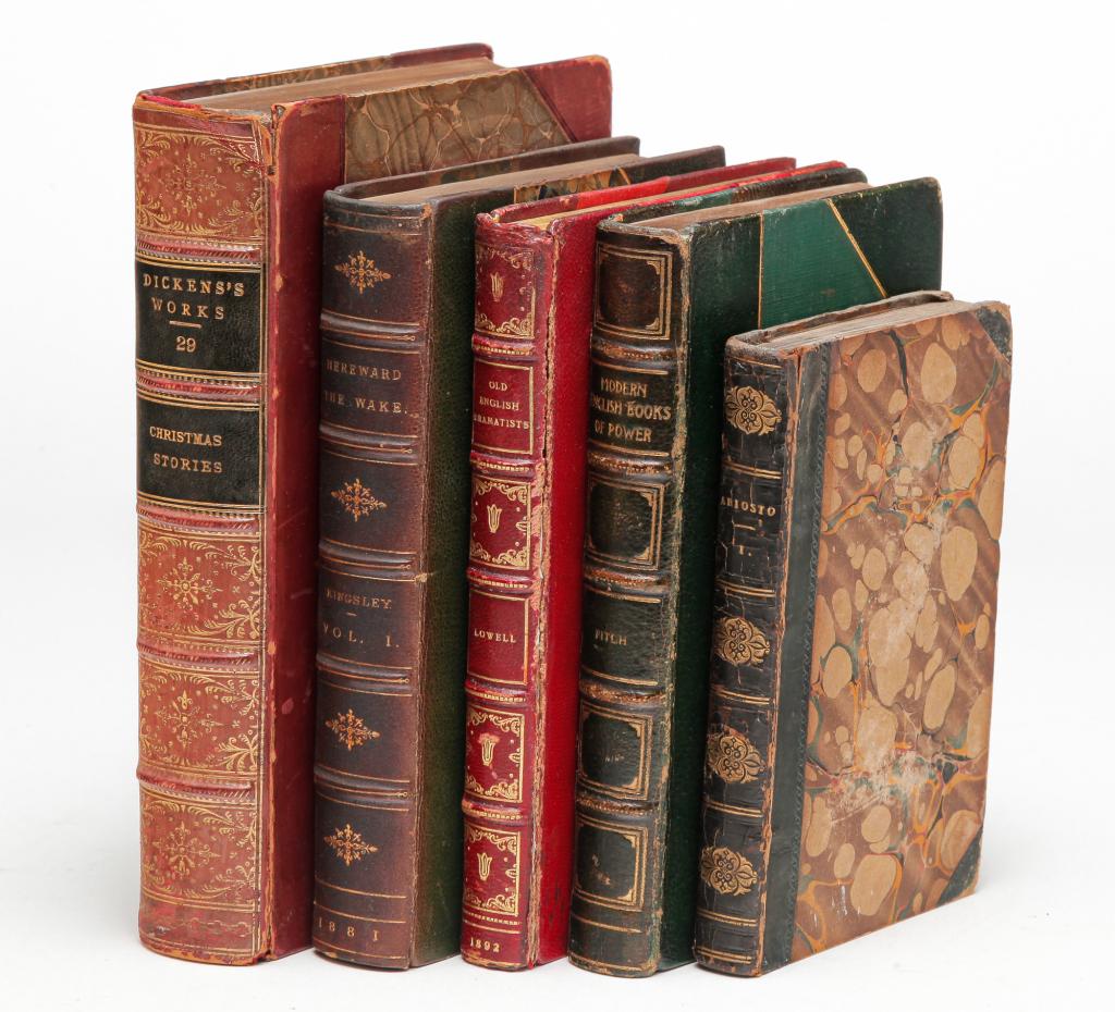 FIVE LEATHER BOUND BOOKS INCLUDING DICKENS. (1 of 8)