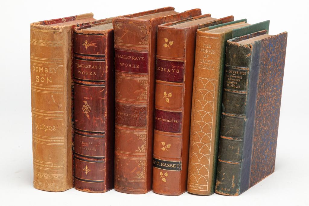 SIX LEATHER-BOUND BOOKS INCLUDING DICKENS. (1 of 7)