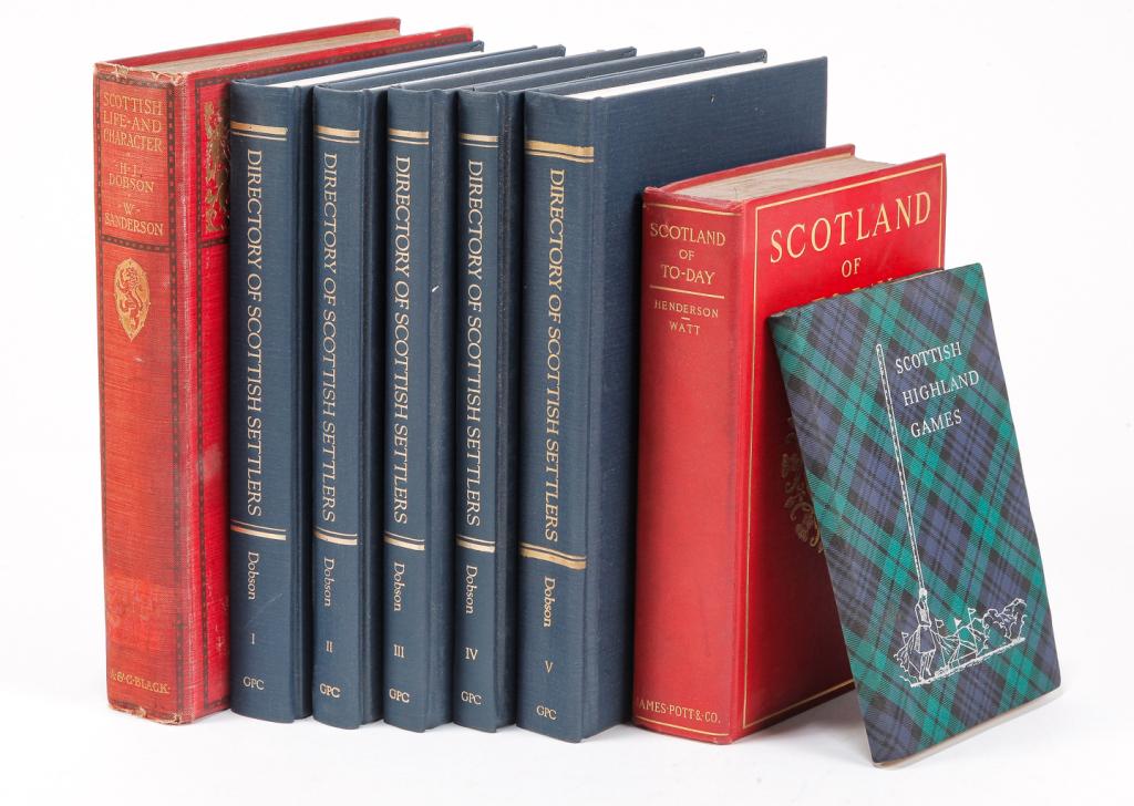 EIGHT BOOKS ON SCOTTISH HISTORY AND SETTLERS.: Includes volumes I, II, III, IV and V, "Directory of Scottish Settlers In North America 1625-1825", by David Dobson. Published by Genealogical Publishing Co., Inc. in Baltimore, 1984. All are clean wi