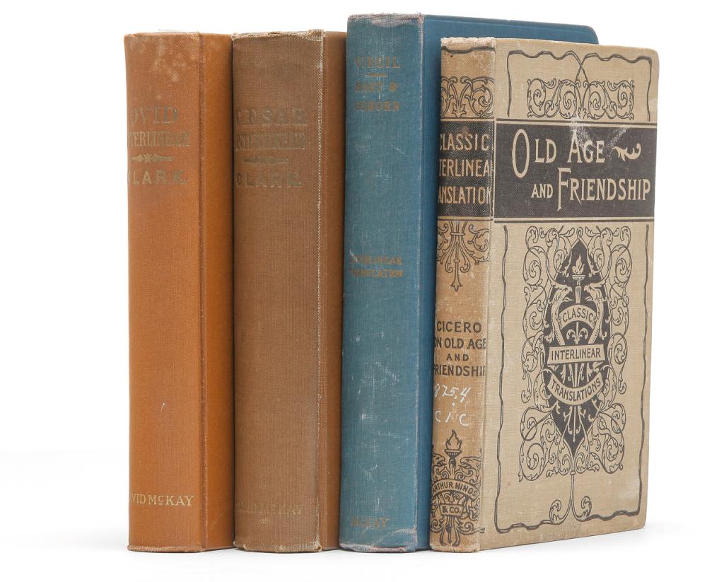 FOUR INTERLINEAL BOOKS ON LATIN AUTHORS.: Interlineal Translation books with both Latin text and English translation printed on each page. Two with matching binding are from the Hamilton, Locke and Clark series. "Caesar's Commentaries", 1884 