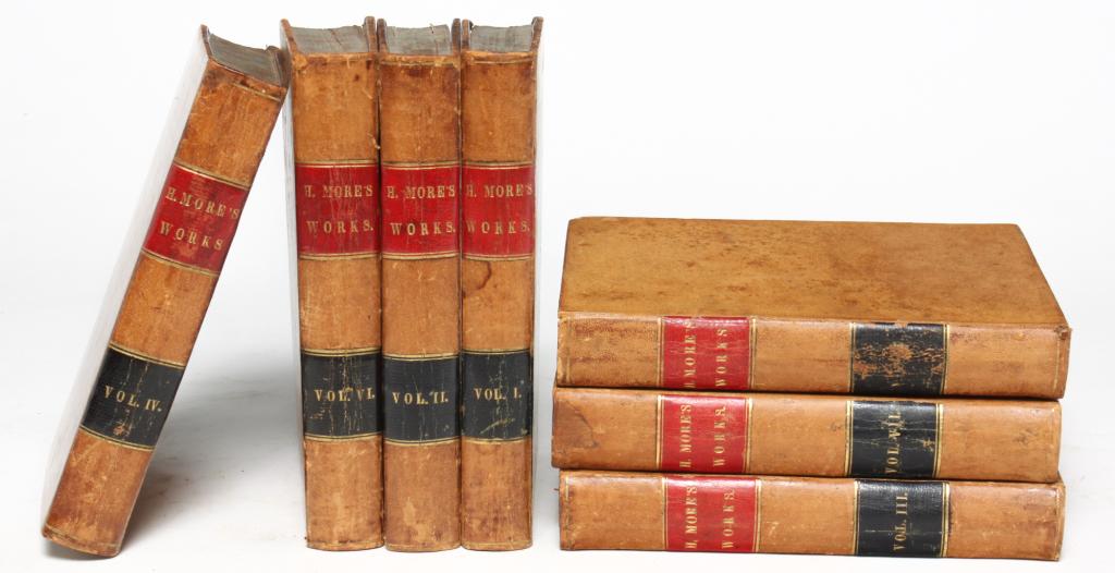 1840 THE WORKS OF HANNAH MORE SEVEN VOLS.: The Works of Hannah More. Complete in seven volumes. Published by Harper & Brothers in New York, 1840. Bound in leather with marbleized page ends and red and black spine labels.
