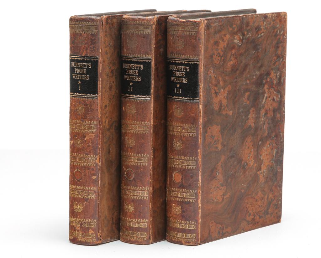 "SPECIMANS OF ENGLISH PROSE WRITERS" BY BURNETT.: Volumes one through three by George Burnett, printed in London by Pople for Longman, Hurst, Rees and Orme, 1807. Selections from various authors "From the Earliest Times to the Close of the Seventeent