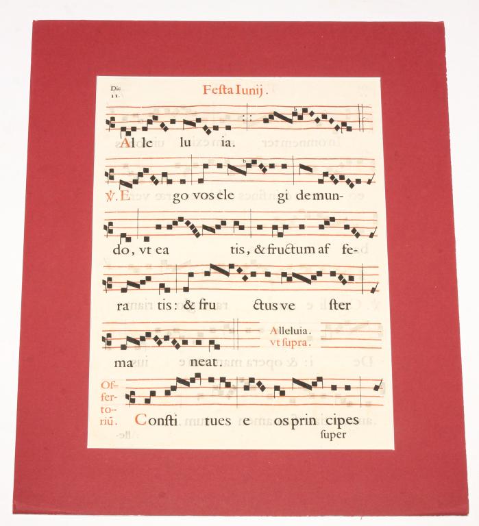 EUROPEAN ANTIPHONAL.: Probably 16th century or earlier, ink on laid paper. Double sided leaf titled "Festa Iunij". Trimmed edges, linen tape on top edge. 20"h. 14.5"w.
