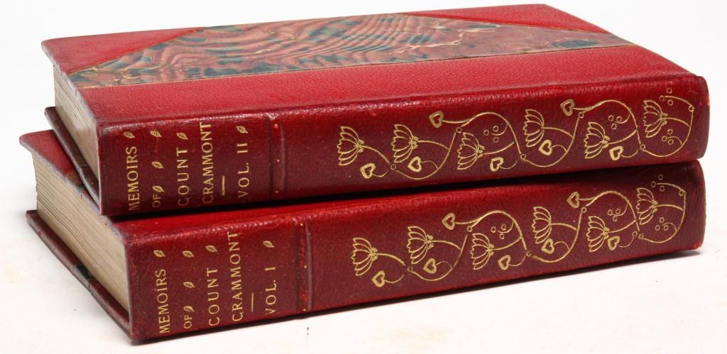 MEMOIRS OF COUNT GRAMMONT BY COUNT HAMILTON.: Memoirs of Count Grammont by Count Anthony Hamilton, edited by Gordon Goodin with portraits. Two volume set, published by A. H. Bullen in London, 1903. Bound in red leather with marbleized covers and 