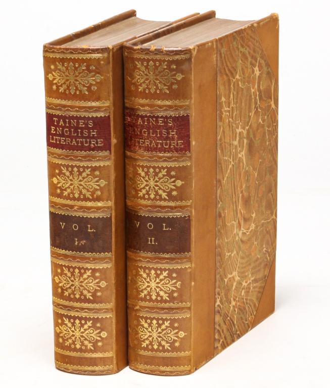 HISTORY OF ENGLISH LITERATURE BY H. A. TAINE.: History of English Literature by H. A. Taine, translated by N. Van Laun. Two volume set published by W. L. Allison Company in New York, circa. 1895. Marbleize boards and end pages, with gilt wording a