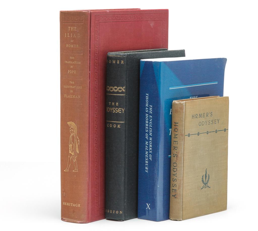 FOUR BOOKS OF HOMER'S ILIAD AND ODYSSEY.: "Odyssey of Homer", (first thirteen books) translated by Theodore Buckley, published Philadelphia, 1896, "The Iliad of Homer" translated by Alexander Pope, with illustrations after Flaxman. Heritage P