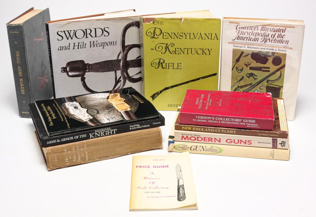 GROUP OF FIREARMS AND MILITARIA.: Twentieth century. Includes "The Pennsylvania-Kentucky Rifle" by Kauffman, "Small Arms Makers" by Gardner and "A Glossary...Arms and Armor" by Stone. Varying wear.