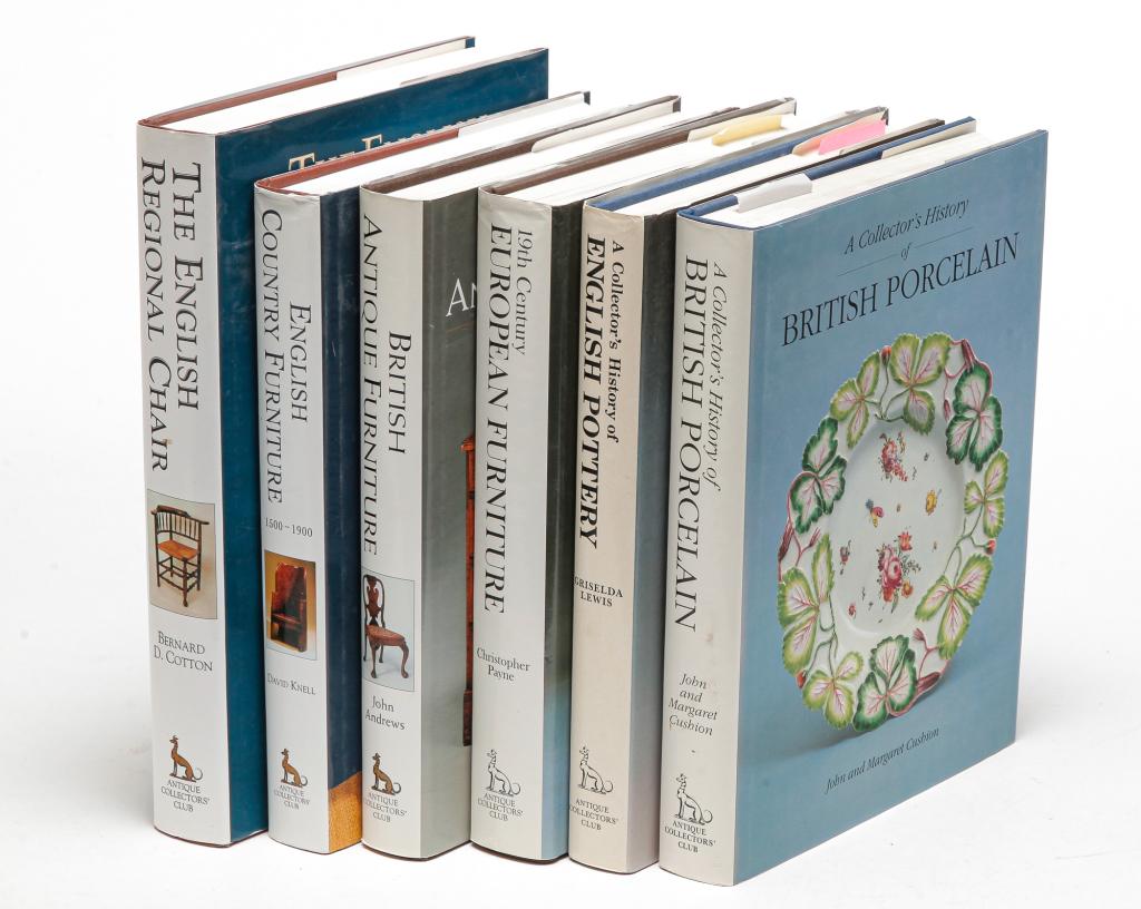 SIX BOOKS BY THE ANTIQUE COLLECTOR'S CLUB.: Twentieth century, published in England. "British Porcelain" by the Cushions, "English Pottery" by Lewis, "19th Century European Furniture" by Payne, "English Country Furniture 1500-1900" by Knell, "B