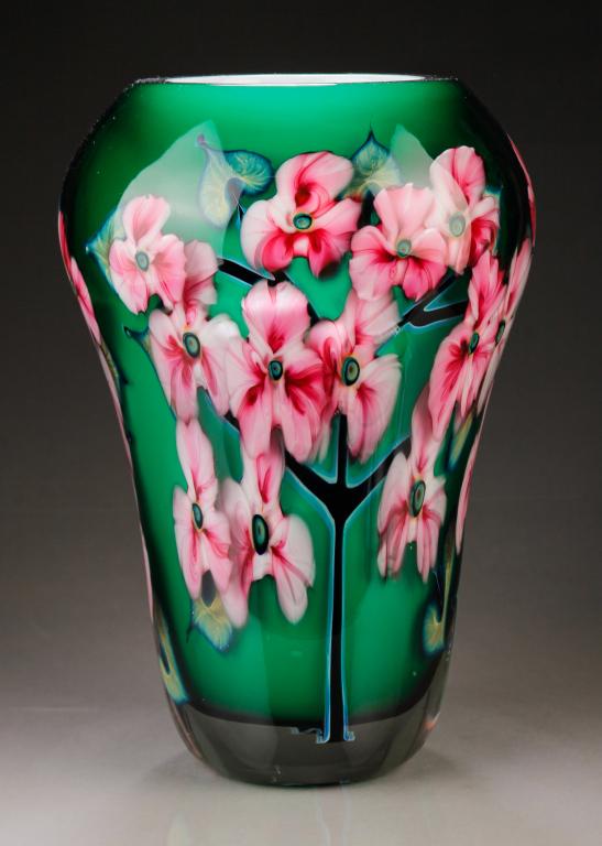 JOHN LOTTON CASED GLASS VASE.: Signed and dated "1994". Clear over green over white with pink flowers. 11"h.